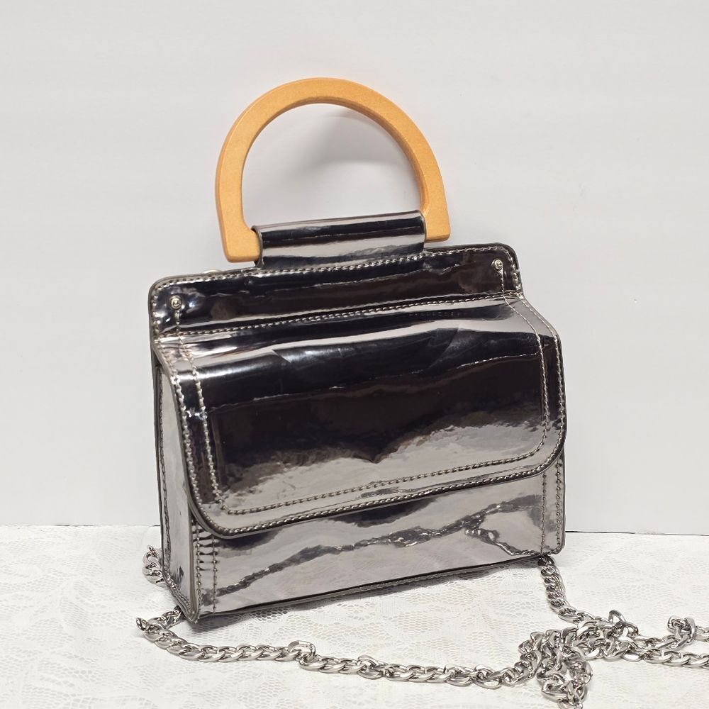 Abbie & Emmie Silver Faux Leather Wooden Handle Satchel With Shoulder Chain